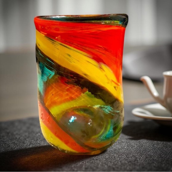 Hand blown Muti colored glass / vase orange, yellow, greens handcrafted - Picture 6 of 15